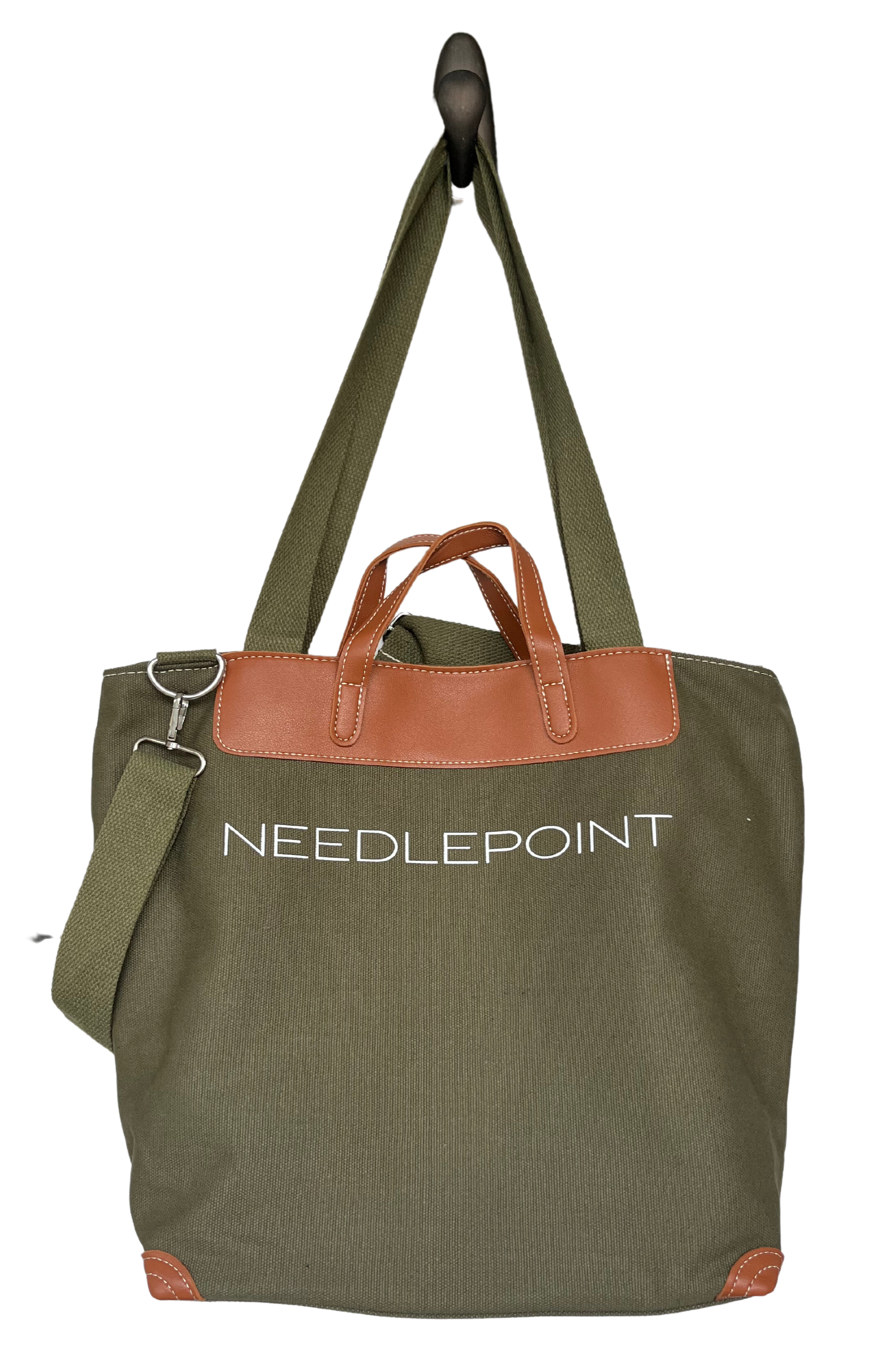 Medium Needlepoint Cotton Tote Bag with Faux Leather Handles