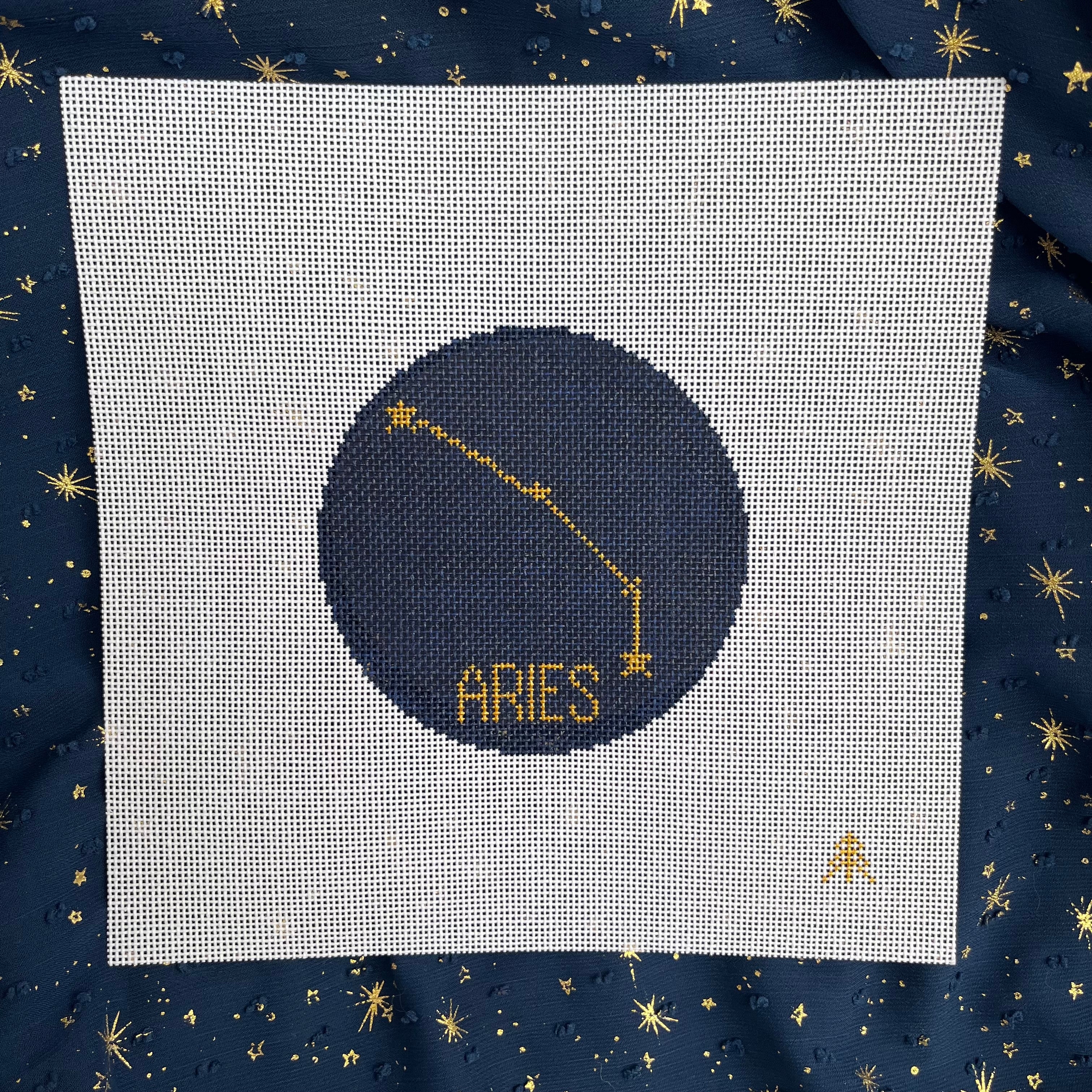 Aries Hand-painted Needlepoint Zodiac Constellation 4" Round, 18 count