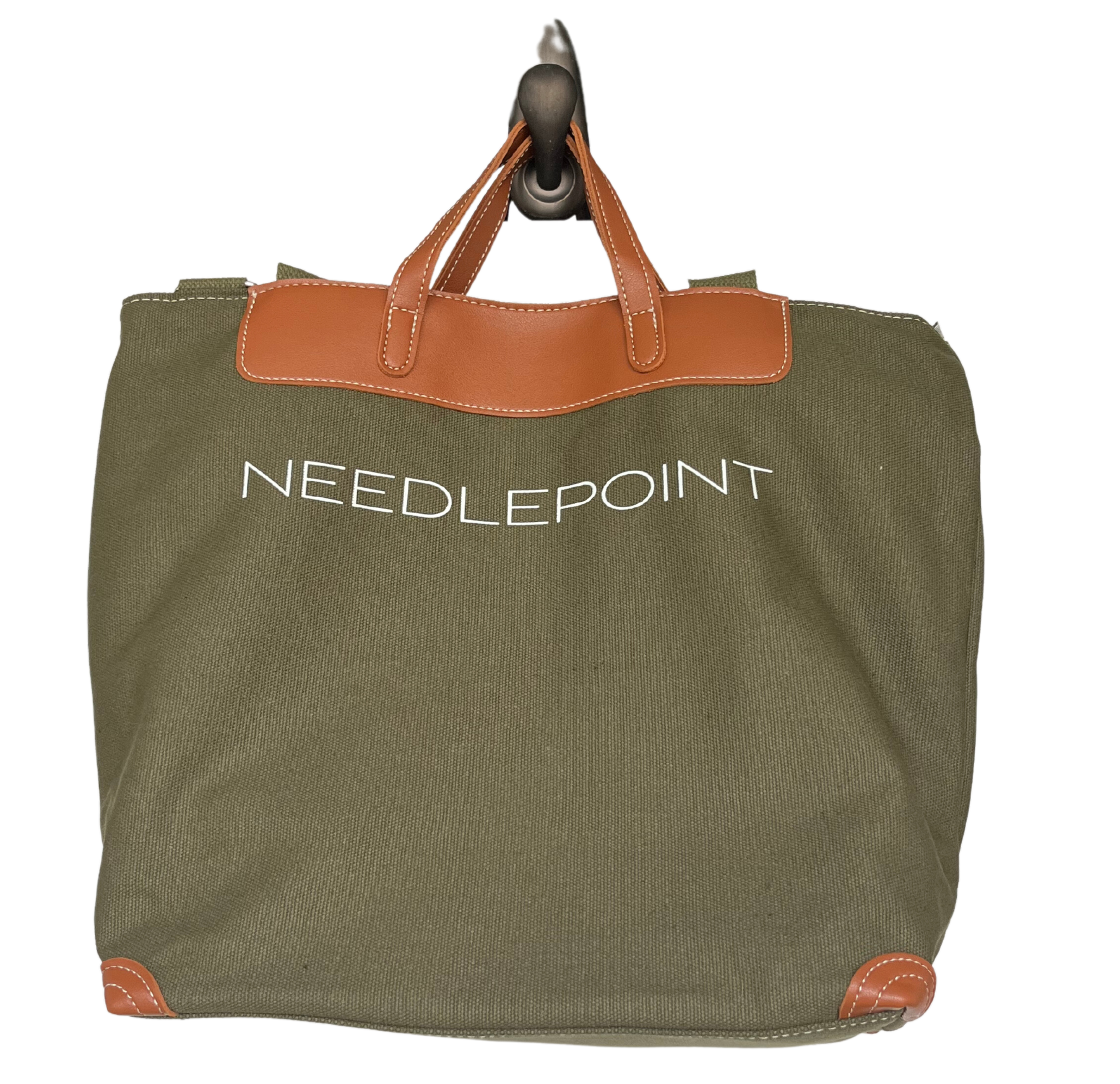 Medium Needlepoint Cotton Tote Bag with Faux Leather Handles
