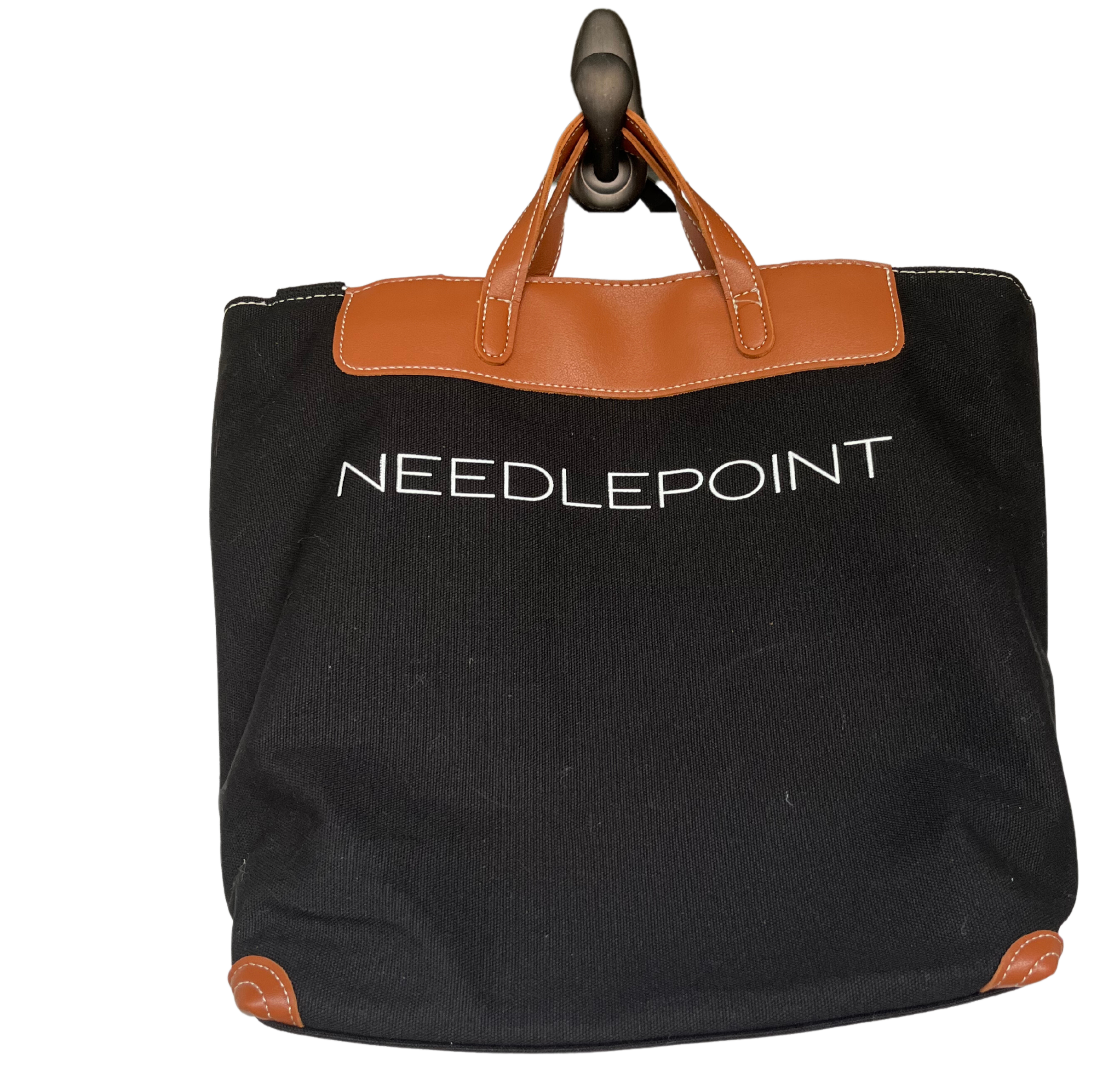 Medium Needlepoint Cotton Tote Bag with Faux Leather Handles