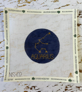 Aquarius Hand-painted Needlepoint Zodiac Constellation 4" Round, 18 count