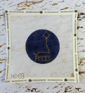 Pisces Hand-painted Needlepoint Zodiac Constellation 4" Round, 18 count